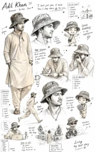 Adil Khan illustrated as a sketchbook-style AI character sheet featuring portraits, chibi art, handwritten notes, doodles, and personality-based character design.