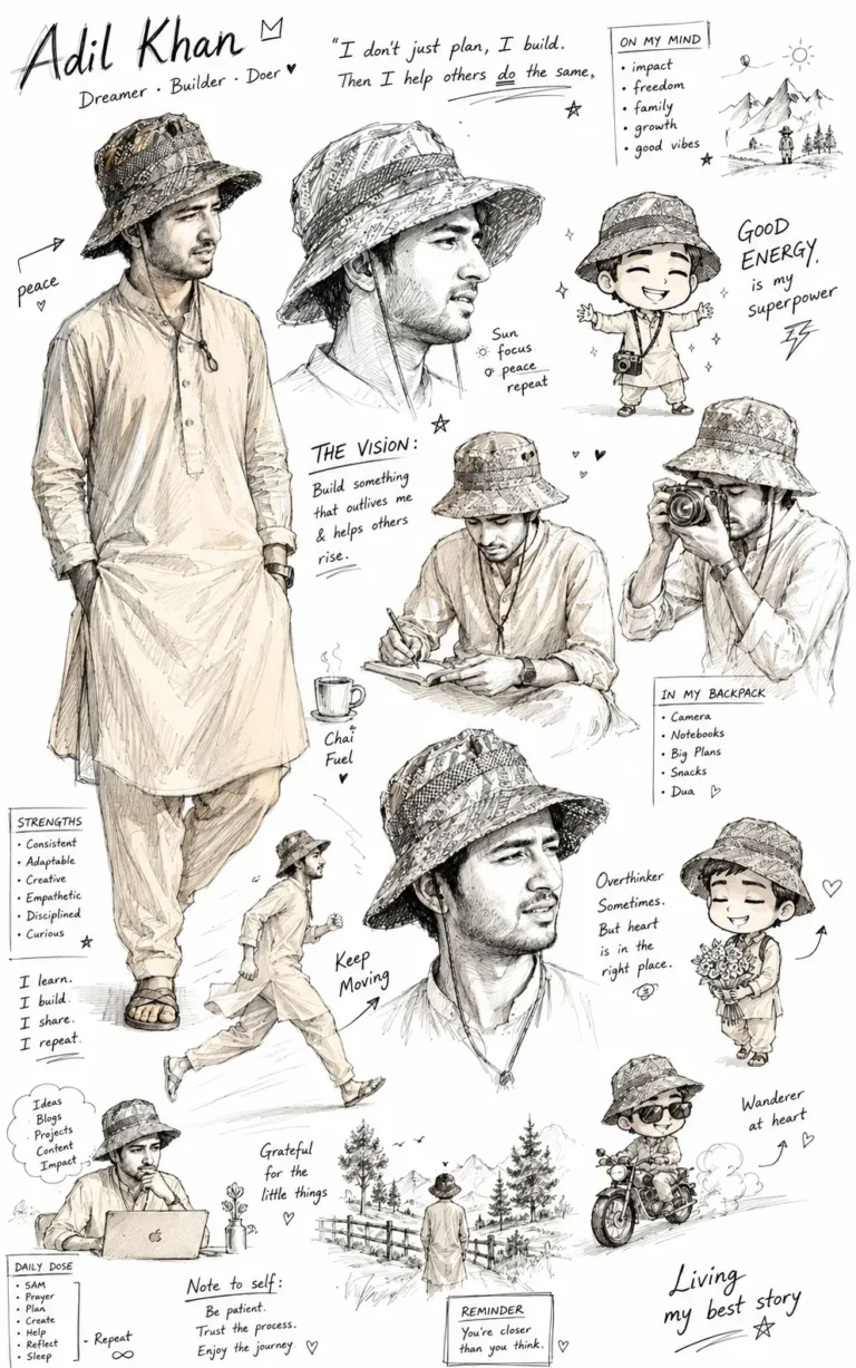 Adil Khan illustrated as a sketchbook-style AI character sheet featuring portraits, chibi art, handwritten notes, doodles, and personality-based character design.