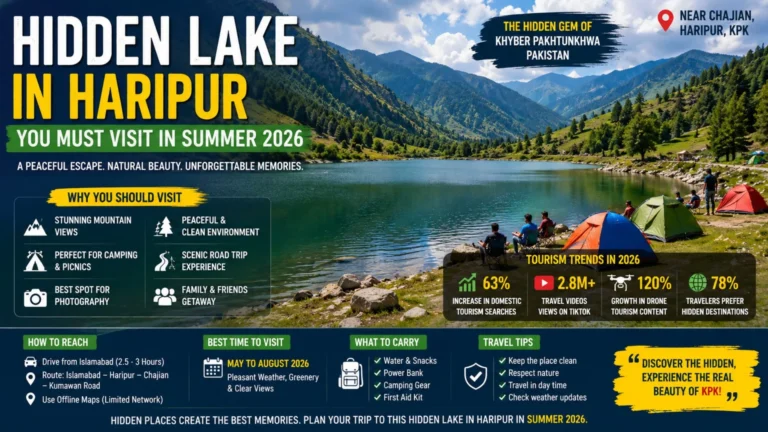 Hidden Lake in Haripur surrounded by green mountains and camping tents during Summer 2026 with scenic tourism and travel infographic information