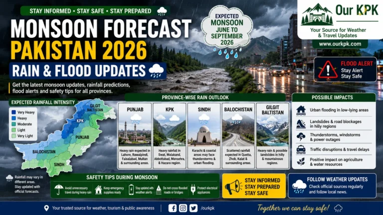 Monsoon Forecast Pakistan 2026 rain and flood updates infographic showing heavy rainfall alerts, flood warnings, weather forecasts, and safety tips across Pakistan