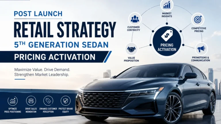 Post Launch Retail Strategy 5th Generation Sedan Pricing Activation-launch retail strategy concept, highlighting pricing activation, market positioning, and automotive launch campaign planning in a premium showroom environment.