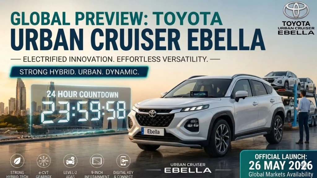 A professional promotional banner titled "GLOBAL PREVIEW: TOYOTA URBAN CRUISER EBELLA" featuring a white SUV in a futuristic city setting with a 24-hour countdown clock. The image includes key technology features like Level-2 ADAS and a launch date of 26 MAY 2026 for Global Markets Availability.
