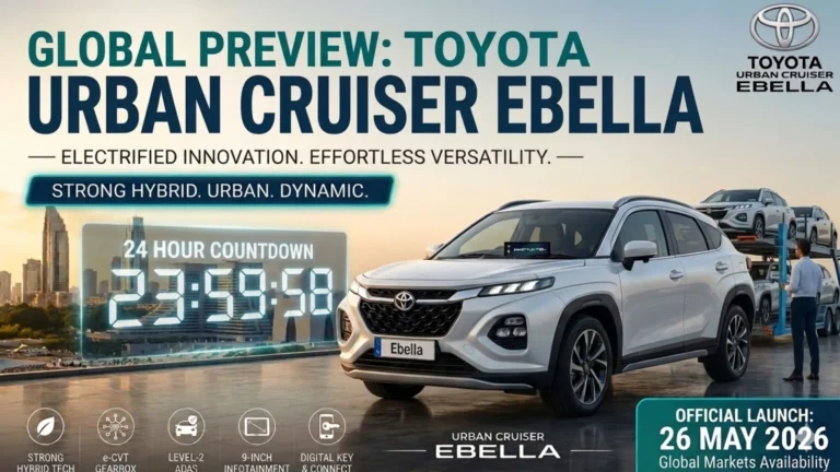 A professional promotional banner titled "GLOBAL PREVIEW: TOYOTA URBAN CRUISER EBELLA" featuring a white SUV in a futuristic city setting with a 24-hour countdown clock. The image includes key technology features like Level-2 ADAS and a launch date of 26 MAY 2026 for Global Markets Availability.