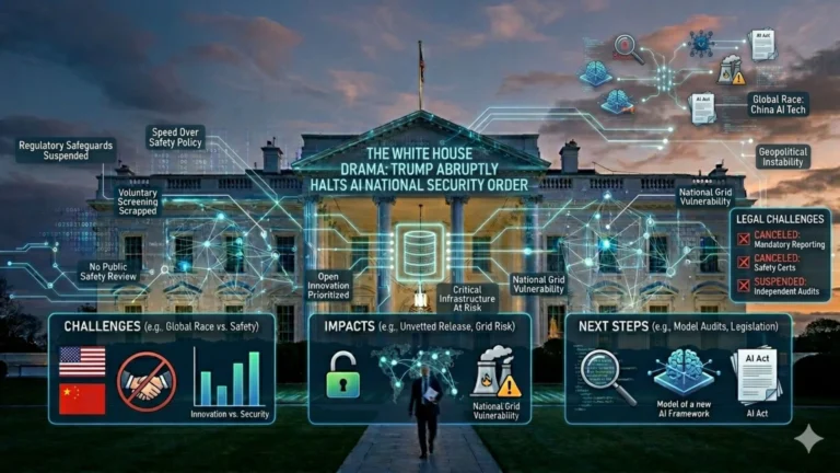 Infographic of the White House with digital data overlays and info-panels mapping out the challenges and impacts of Trump abruptly halting the AI National Security Executive Order.