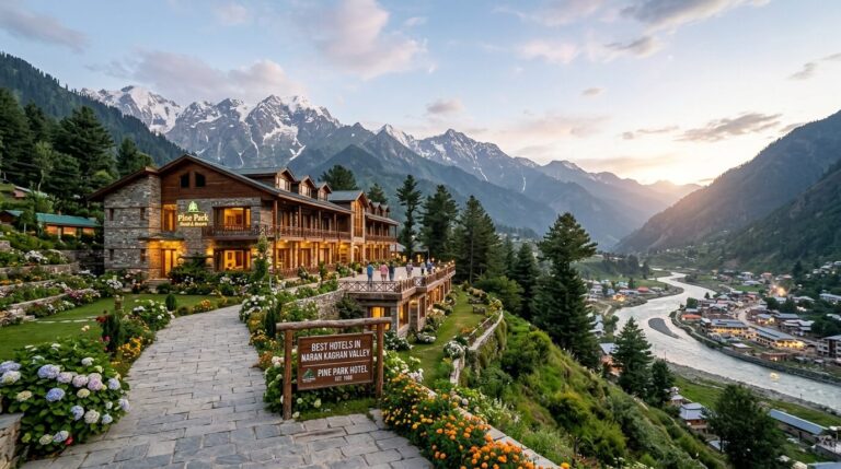 Beautiful view of top hotels in Naran with mountains and Kunhar River background
