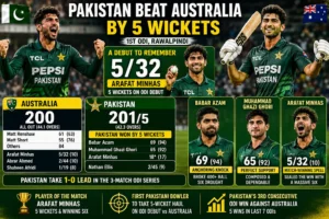 Arafat Minhas celebrates after taking five wickets on ODI debut against Australia in Rawalpindi