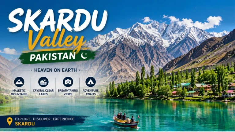 Best Places to Visit in Skardu Valley. Skardu Valley Pakistan with crystal-clear lake, snow-capped mountains, green valleys, and scenic landscape showcasing one of the most beautiful tourist destinations in Gilgit-Baltistan.