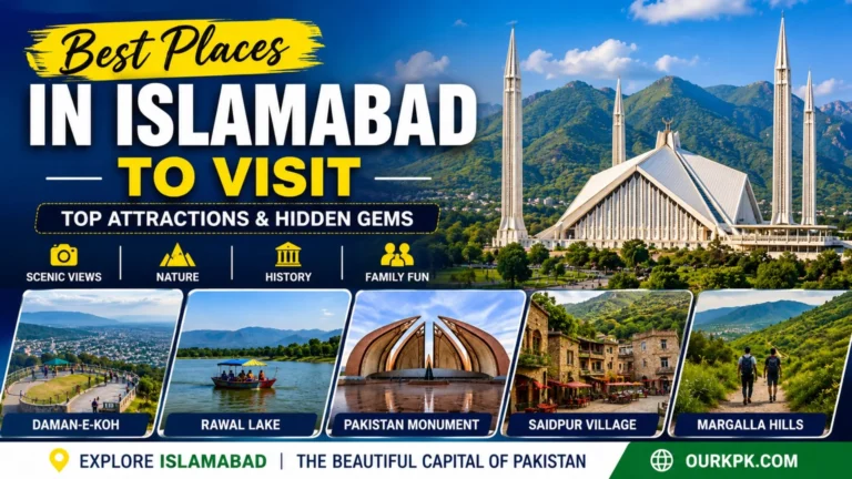Best Places in Islamabad to Visit featuring Faisal Mosque, Daman-e-Koh, Rawal Lake, Pakistan Monument, Saidpur Village, and Margalla Hills, showcasing top tourist attractions, scenic views, nature, history, and family-friendly destinations in Pakistan's capital city