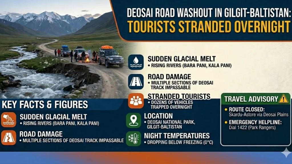 Deosai Road Washed Away Tourists Stranded Overnight in Gilgit-Baltistan infographic with emergency travel advisory and key facts.