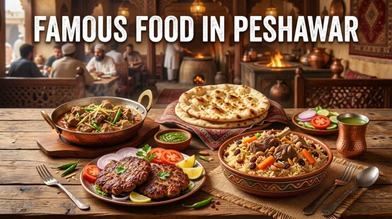 Traditional famous food in Peshawar including Chapli Kebab Namkeen Karahi Kabuli Pulao and Peshawari naan