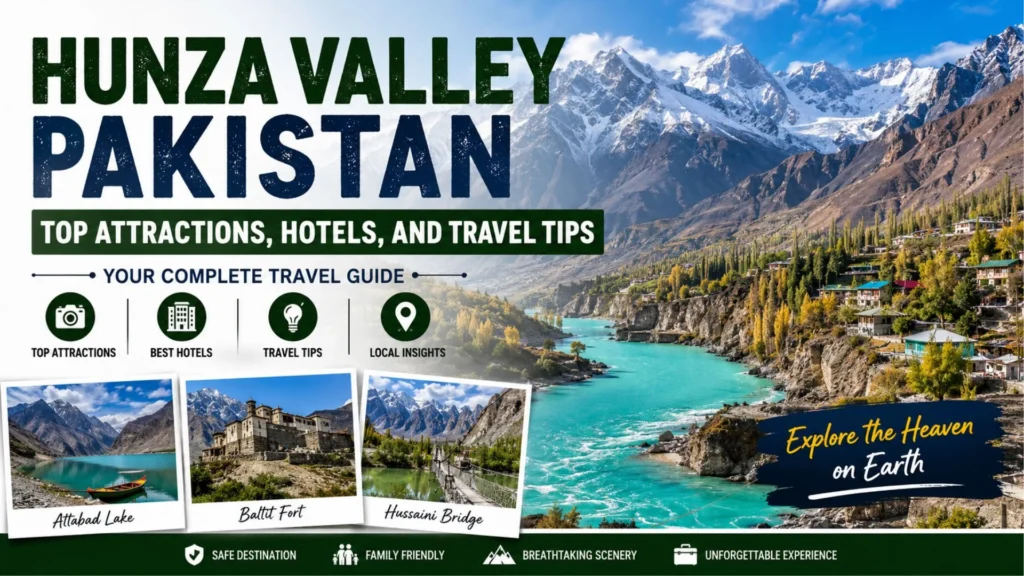 Hunza Valley Pakistan scenic landscape showing snow-covered mountains, turquoise Attabad Lake, historic forts, and green valleys representing top attractions, hotels, and travel tips for tourists.