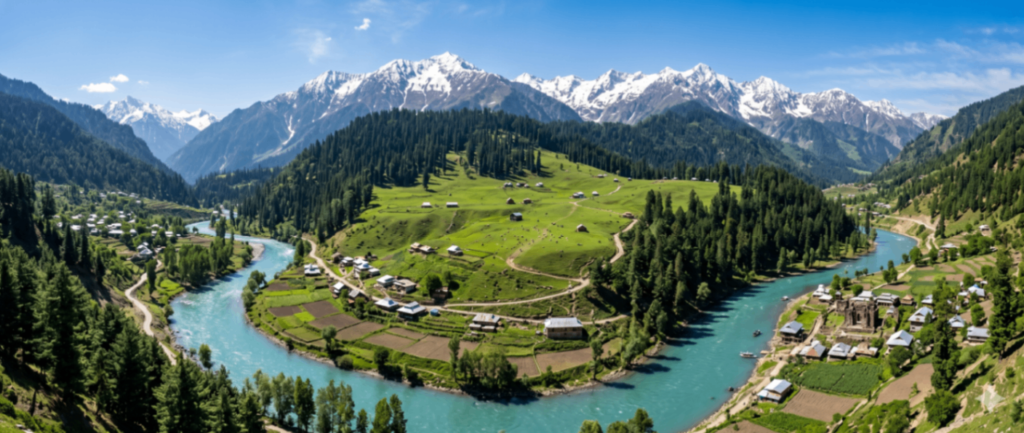 Panoramic view of Neelum Valley featuring Arang Kel, Sharda, Kel, Taobat, and the Neelum River surrounded by lush green mountains.