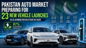 Pakistan Auto Market Preparing for 23 Vehicle Launches in 2026, featuring electric vehicles, hybrid SUVs, EV charging infrastructure, advanced automotive technology, and the growing EV revolution in Pakistan.