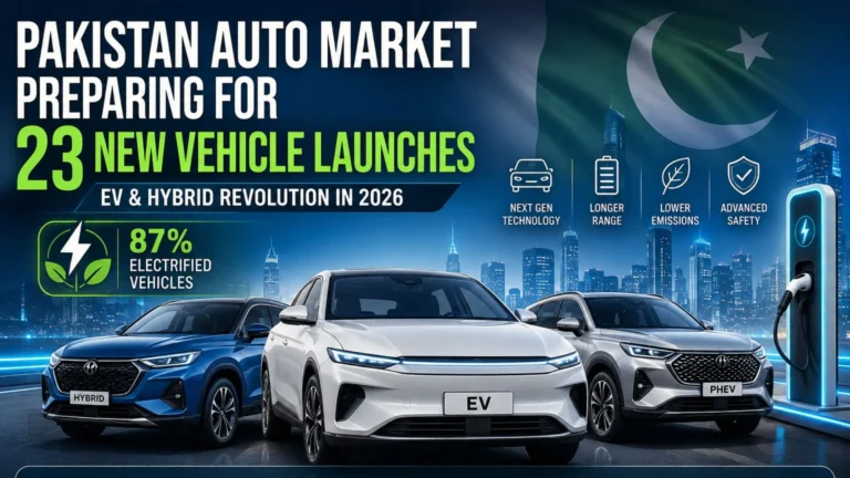Pakistan Auto Market Preparing for 23 Vehicle Launches in 2026, featuring electric vehicles, hybrid SUVs, EV charging infrastructure, advanced automotive technology, and the growing EV revolution in Pakistan.
