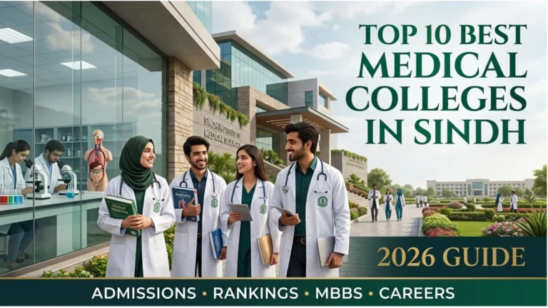 Top 10 Best Medical Colleges in Sindh 2026 featuring Aga Khan University, Dow Medical College, Liaquat University of Medical and Health Sciences, and other leading medical institutes in Sindh for MBBS admissions.