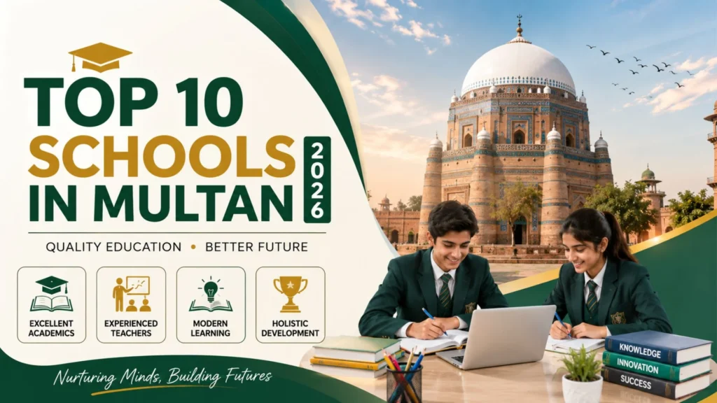 Top 10 Schools in Multan featuring modern school campuses, students learning in classrooms, experienced teachers, and quality education opportunities in 2026.
