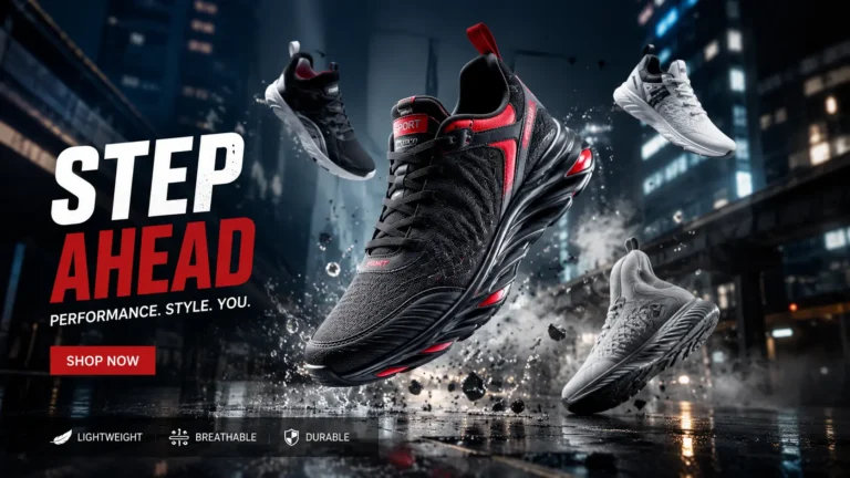 Premium running sneakers displayed in a modern eCommerce product prompt showcase with professional lighting and realistic product photography.