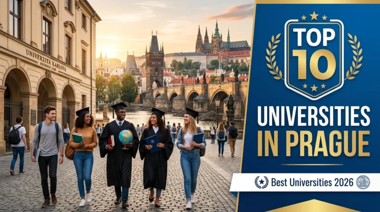 Historic university buildings and students at leading universities in Prague Czech Republic