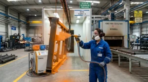 Powder Spray Painter applying industrial powder coating on metal products in Istanbul Turkey factory